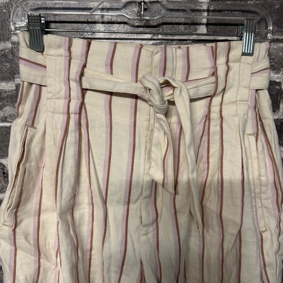 By Anthropologie Edisto Paperbag-Waisted Shorts cream brown pink stripe linen - Picture 3 of 11